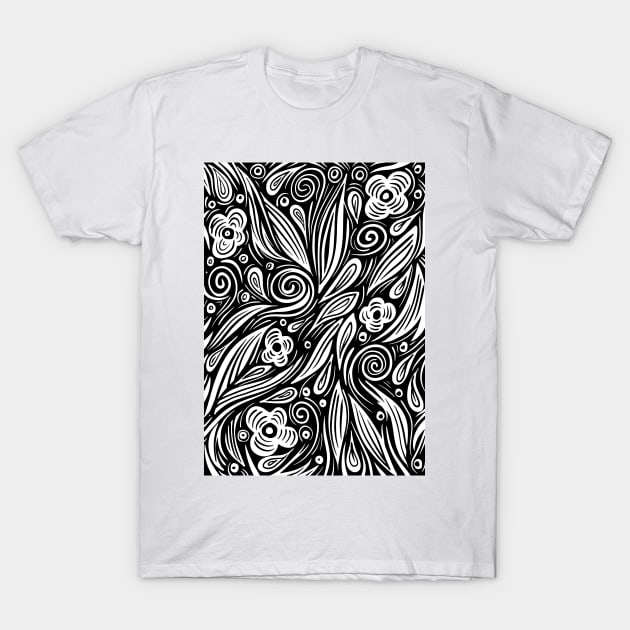 Black and white floral line art background wallpaper T-Shirt by Spinkly